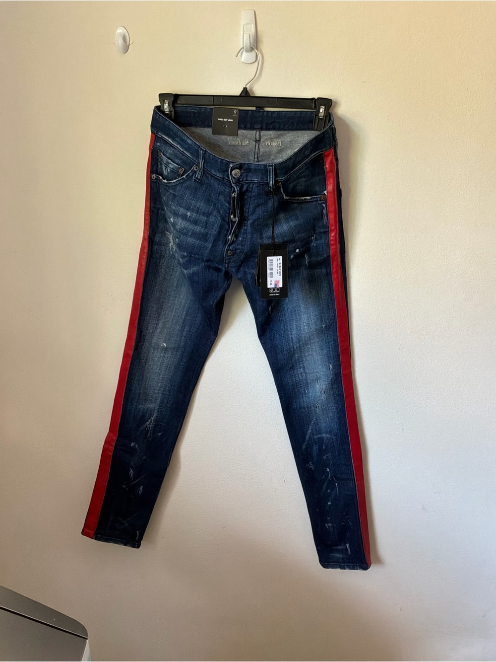 Men's Dark Blue Denim Jeans with Red Side Stripe